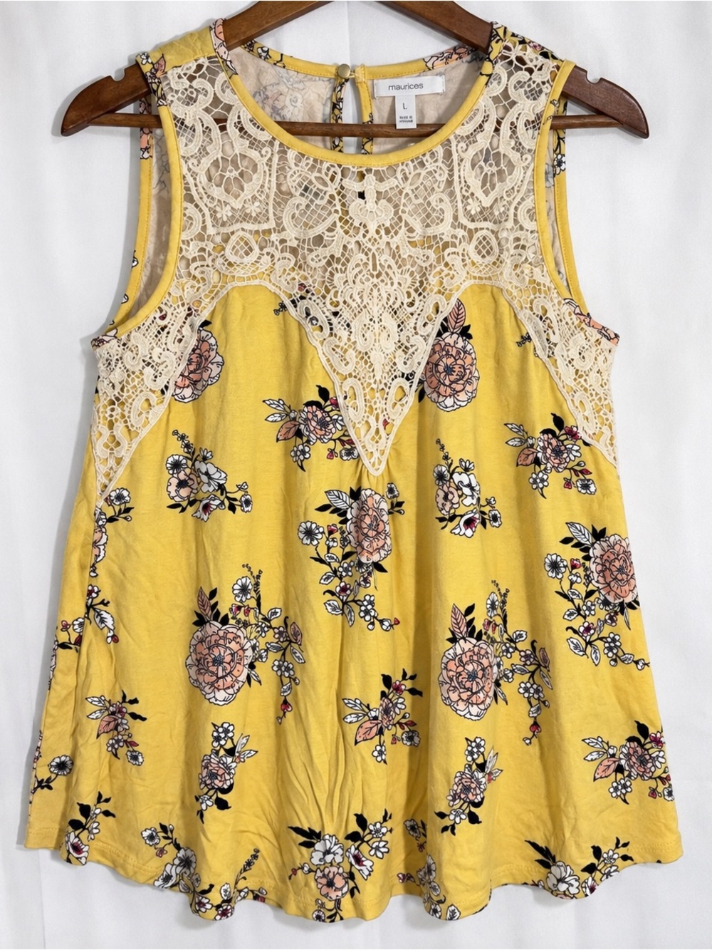 Maurices Yellow Floral Lace Yoke Sleeveless Top Boho Tank Size L